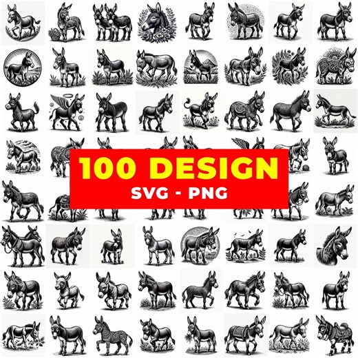 100 Donkey SVG Bundle PNG Engraving Style Clipart | Vintage Farm Animal Line Art Cut Files | Burro Mule Silhouette Sublimation - Etsy