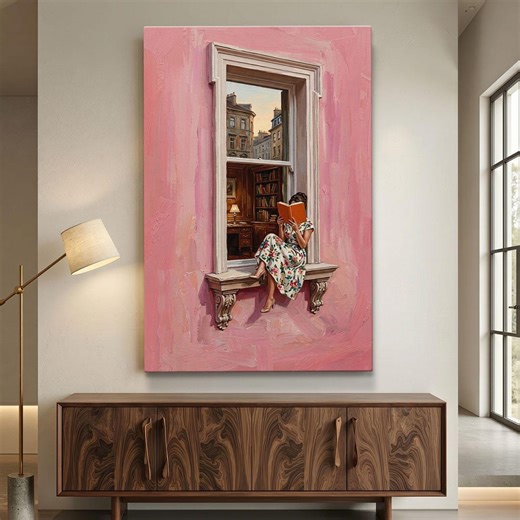 Woman Reading Window Canvas Wall Art, Pink Wall Decor, Library Art Print, Book Lover Gift, Floral Dress Girl, European City View Painting - Etsy