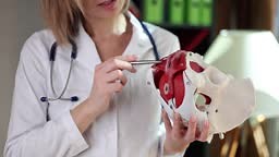 Woman doctor shows the pelvic model, a close-up. Muscles of female...