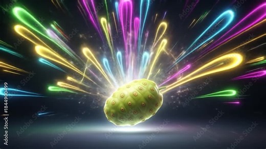 Abstract fruit explosion with vivid colors and dynamic light trails for vibrant visuals