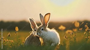 Two rabbits play in a flower-filled meadow at sunset, bathed in a warm golden glow, creating a moment of peace and joy in nature.