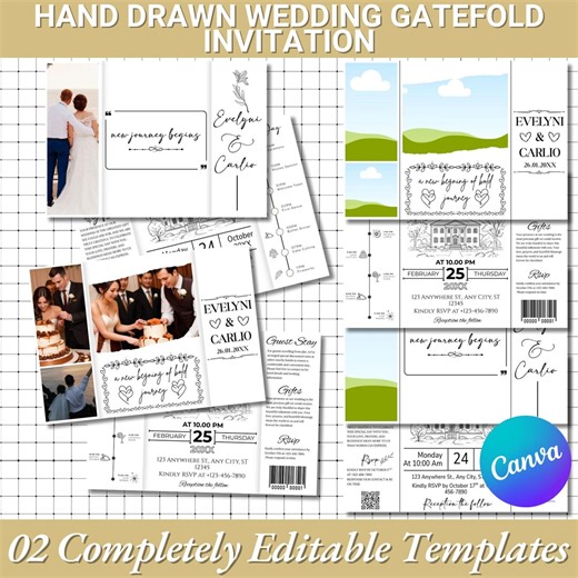 Hand Drawn Wedding Gatefold Invitation Template |editable Wedding Invitation Card |whimsical Folded Wedding Invite |personalized Invitation - Etsy