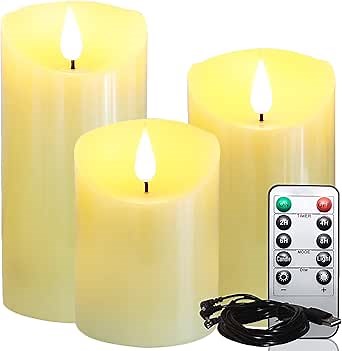 Lezonic Rechargeable Flickering Flameless Candles Battery Operated with Remote and Timer, Pack of 3(D 3'' X H 4''5''6'') Long Lasting Ivory White Real Wax LED USB Pillar Candles