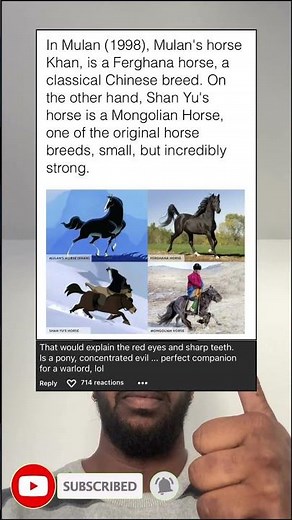 In Mulan (1998), Mulan's horse Khan, is a Ferghana horse, a classical Chinese breed.