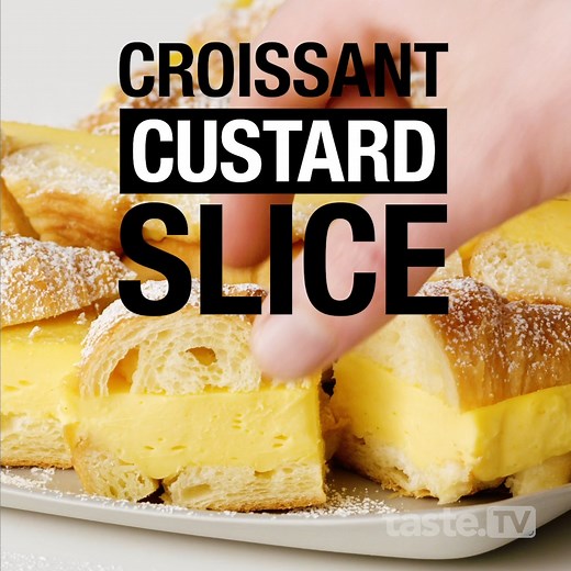 17K views · 55 reactions | In under 30 minutes, this creamy and easy croissant custard slice can be yours. Find out how to make it: https://www.taste.com.au/recipes/croissant-custard-slice-recipe/0nsj0dpu | Taste.com.au | Facebook