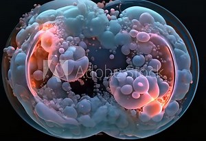 Detailed microscopic perspective of a developing human embryo, with a focus on the initial cell division after conception.