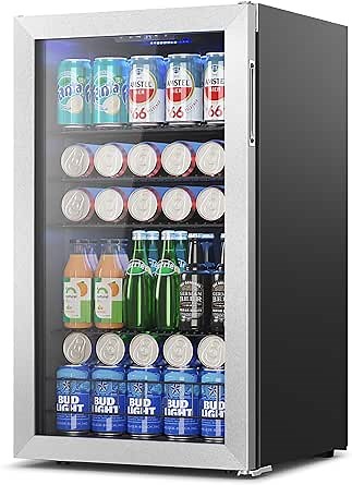 Yeego 3.35 Cu.Ft Beverage Refrigerator, 140 Cans Mini Fridge Cooler with Glass Door, Small Beer Cooler for Soda Water Wine for Home Office Bar