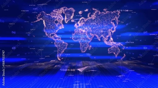 Digital glowing world map with data streams and numbers