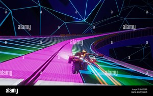 Gameplay of an Off-Road Racing Video Game in Futuristic Sci-Fi Fantasy Space. Computer Generated 3D Render of Fast Car Driving and Drifting on Neon Track. VFX Illustration. Third-Person View Stock Photo - Alamy