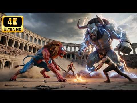 SPIDER MAN LION vs THOR BISON – Wild Superpower Showdown ⚡🌪️
