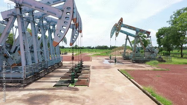 Working Pumpjack industrial oil pump jack working and pumping crude oil for fossil fuel energy at oil and gas a land rig onshore drilling rig