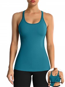 ANFERRY Women's Ribbed Workout Tank Tops with Built in Bra Racerback Athletic Top