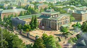 Cozy anime school building scenery animation seamless 4k video footage looping background. generated with ai