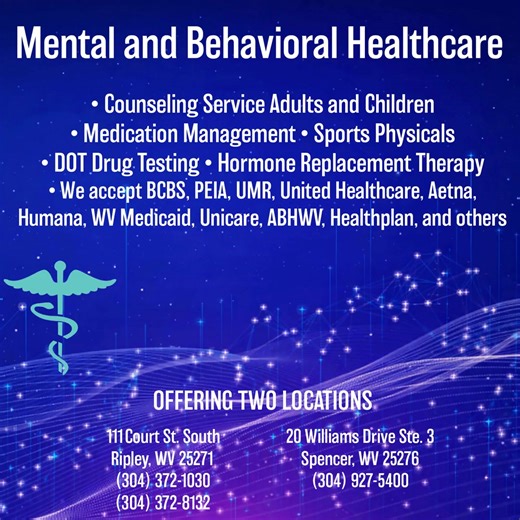 💙 Your mental and behavioral health matters. 💙 Envision Medical Care is a licensed behavioral health clinic offering compassionate care for adults and children. Services include counseling, medication management, primary care, DOT & sports physicals — all designed to support your total well-being. 🩺✨ They accept BCBS, PEIA, UMR, United Healthcare, Aetna, Humana, WV Medicaid, Unicare, ABHWV, Healthplan and more. With locations in Ripley and Spencer, help is close to home. Learn more or schedul