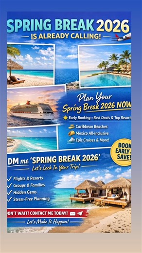 The Vacation Hotspot on Instagram: "Spring Break 2026 is already calling 📣🌴✈️ Yes… 2026. And the best resorts, flights, and room categories? They’re the first to go 👀 Whether you’re dreaming of: 🏖️ White-sand beaches in the Caribbean 🌮 All-inclusive luxury in Mexico 🚢 A fun-filled cruise escape for the whole crew This is the sweet spot to start planning. Early booking = better pricing, better availability, and way less stress later 🙌 #travelagent #grouptravel #jamaica #caribbean #destinat