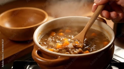Woman in kitchen stirring hot soup with wooden spoon in pot on stove, ready to eat as healthy meal preparation video.
