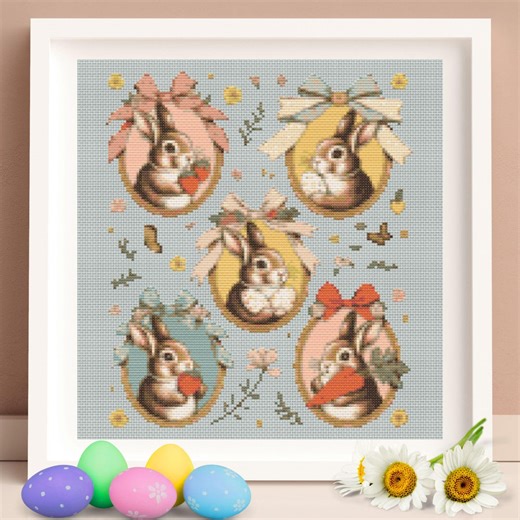 Easter Cross Stitch Pattern PDF, Vintage Bunny Easter, Embroidery Pattern, Instant Download, X Cross Stitch Patterns, Counted Cross Stitch