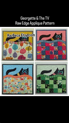 Georgette and the TV, Raw Edge applique pattern, fabric kits are available. RazBeca.etsy.com #razbeca #razbecaetsyshop #rawedgeapplique #razbecasbirds #razbecca #quiltblocks #quilting #catpatterns #catlovers | Rebecca Penniston