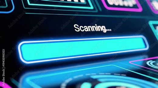 A futuristic scanning interface with a progress bar and neon-lit elements on a dark background
