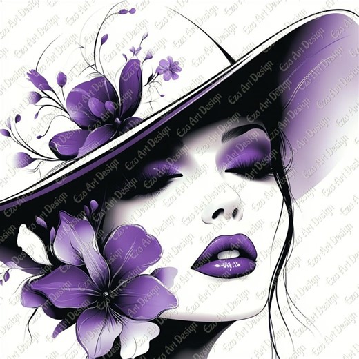 Purple Hat Lady Clipart, Elegant Woman Portrait, Floral Art (10 JPG Digital Download) - Etsy