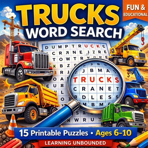 Trucks Word Search Puzzle Pack – Kids Vehicle Activity (digital Download) - Etsy