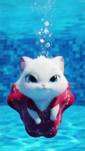Cute White Cat Swimming in Water #CartoonCat #CatVideo #CatShorts #KawaiiCat