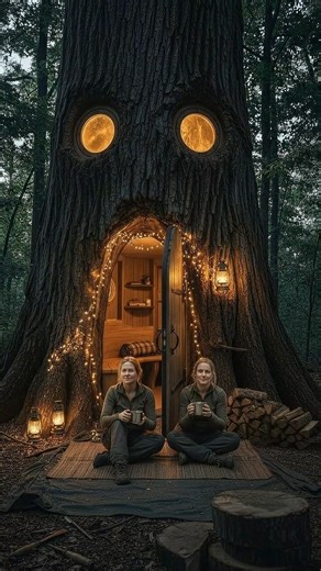 Women Made a Tree Trunk Home 😱🪵 #bushcraft #satisfying #cabinadventure #survival