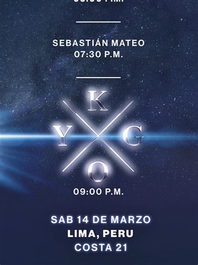 Horarios para el concierto de #Kygo 🌴🔥 🎟️: Últimas entradas en el link del perfil Estos son los horarios de apertura de puertas y del inicio del show de Kygo. No llegues tarde porque la fiesta empieza desde temprano con Sebastián Mateo. 😎💥 Nos espera una noche llena de explosiones, visuales increíbles y artistas invitados en vivo que harán de esta noche un momento inolvidable. Adquiere tus entradas ahora con todos los medios de pago.🥳 #KygoEnLima 🎹🌴 Sábado 14 de marzo — Costa 21 🌊 👉🏼 