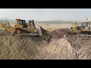 Caterpillar D9T And Komatsu D275AX Bulldozers Amazing Team Pushing Soil On Huge Mining Area