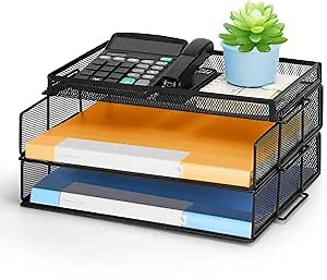 Paper Letter Tray Organizer 3-Tier Mesh Desk File Organizer Letter Trays & Stacking Supports Stackable & Detachable Design (Black)