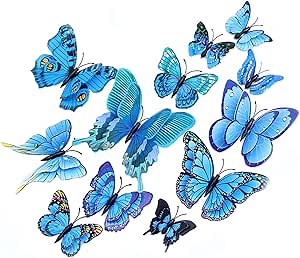 Butterflies Decoration, BOPART 24Pcs 3D Butterfly Decals Stickers for Party Decoration, Blue Butterflies Wall Decor Magnetic Butterfly for Crafts (12 Styles at 4 Sizes in Double Wings)