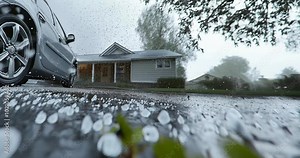Hail falls on a car and a suburban home, parked in the driveway. Low angle zoom, 60 fps video footage - A severe storm, hail stones on ground, hail damaged house and car, insurance, PDR