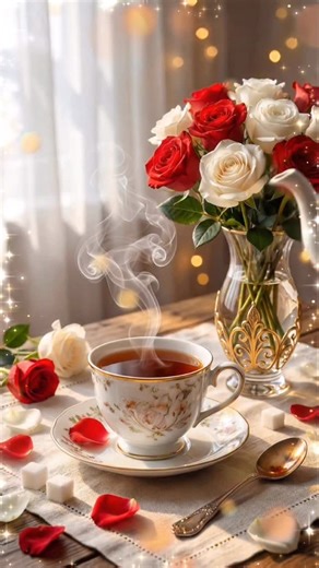 Digital Creator | AI Animations | Cozy Souls on Instagram: "NEW YEAR’S LOVE TEA 🌹✨ There is more than just aroma in this cup. It is tenderness that awakens hope. It is roses that do not wilt, but remind us that beauty can be sipped in small sips. Let the New Year begin like this scene: with soft light, the warmth of a hand, and a heart-shaped sigh. May your morning tea be a promise of a better day. May every day smell like a freshly picked rose. May every white dove in your heart whisper, “Ever