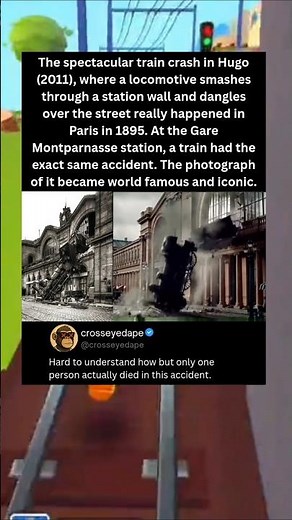 This spectacular train crash really happened in Paris in 1895. Hugo Cabret