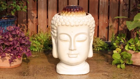 Glitzhome Buddha Head Ceramic Outdoor Fountain with LED Lights, Zen-Style Outdoor Water Fountains for Porch Deck Garden Patio Backyard, Sand Beige Textured Glaze Floor Table Water Fountain, 18.75" H