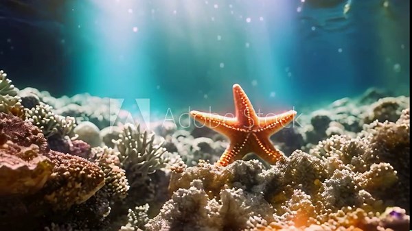 A starfish gracefully moves across a vibrant coral reef, showcasing underwater life, Close-up underwater footage of starfish and other sea-floor dwellers, AI Generated