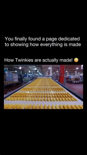How Everything Is Made on Instagram: "Twinkies are made in large bakeries using an automated process designed for consistency and shelf life. First, the sponge cake batter is mixed. It’s a vanilla-flavored batter made from flour, sugar, eggs, oil, leavening agents, and flavorings. The batter is poured into long, Twinkie-shaped molds. Next, the cakes are baked. They pass through industrial ovens where they rise and bake into their signature golden sponge texture. After baking, the cakes are coole