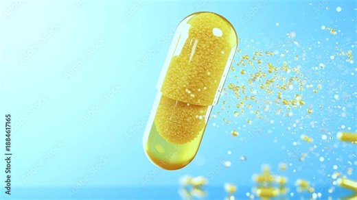 Transparent yellow capsule rotating and slowly dissolving, releasing its granular contents. Active ingredients and medication are breaking down in a pharmaceutical and scientific visualization