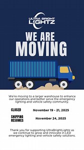 📣 UltraBrightLightz Warehouse Move & Shipping Update! We’re excited to announce that UBL is moving into a larger warehouse to improve order speed, product availability, and overall service. Our warehouse will be closed from November 19–21, and we will resume shipping orders on November 24. Thank you for supporting UltraBrightLightz—your trusted source for emergency lights, police lights, strobe lights, and vehicle lighting. #UltraBrightLightz #UBL #LEDLighting #EmergencyLights #WarehouseMove #S