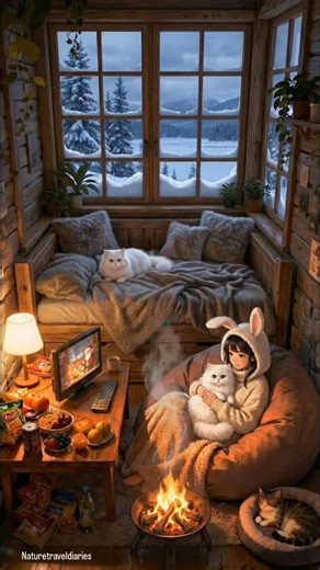 Nature Diaries Video on Instagram: "“Snow falls softly outside, turning the world into a quiet painting. Inside this warm room, time slows as I play with my cat, smiling at the simple joy of being safe, calm, and present while winter does its magic beyond the window.” #snow #snowfall #SnowVibes"
