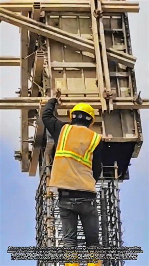Column Formwork Installation: Crane Lifts Panels Over Rebar Cage