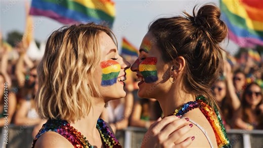 Happy lesbian couple kissing at an outdoor LGBTQ pride festival. Two young women with rainbow face paint and glitter celebrating love and equality. Romantic moment at a summer parade event