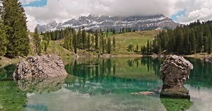 Scenic View of Lake Carezza in the Dolomite Alps Italy
