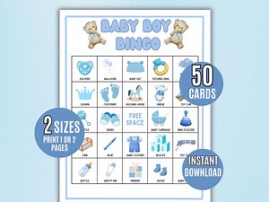 Baby Boy Bingo, 50 Baby Boy Bingo Game Cards, Baby Shower Bingo Game, Baby Shower, Baby Shower Activity, Printable Baby Bingo, It's a Boy - Etsy
