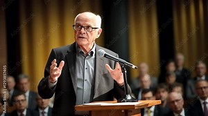 A speaker at a podium captured from a side angle, delivering a speech in a formal setting. The video conveys professionalism and engagement.