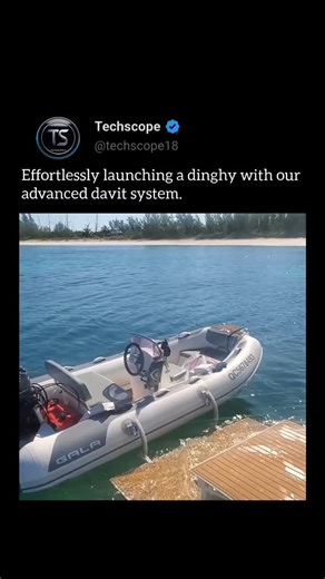 Techscope on Instagram: "This video demonstrates the efficient process of launching a dinghy into the water using a davit system. The dinghy, branded "GALA," is suspended above the water by the davit system, which is attached to a wooden platform. The background features a serene, clear blue sea with a sandy beach and trees in the distance. This method is highly practical and efficient for deploying and retrieving small boats. Via @the_dinghy_davit #DinghyLaunch #DavitSystem #MarineEquipment #Ef