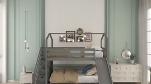 Watch House Bunk Beds with Slide and Stairs Twin Over Twin, Gray on Amazon Live