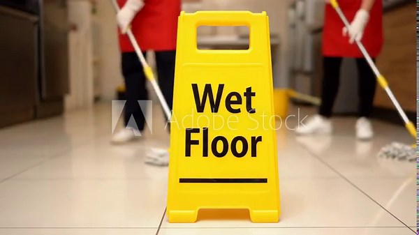 Wet Floor Sign in Restaurant Safety First. Caution Wet Floor Sign Triangle Shaped Safety Warning Sign for Businesses and Public Areas.