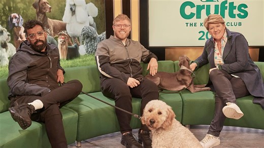 Crufts in chaos as Rob and Romesh make disastrous dog debut with Clare Balding