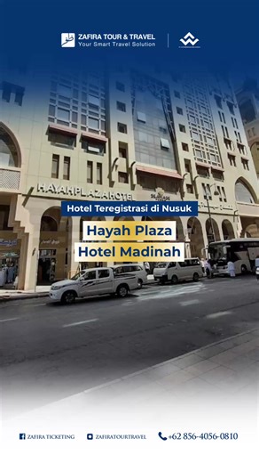 Hotel teregistrasi di Nusuk : Hayah Plaza Hotel Madinah Lokasi hotel di Jalan Abu Ayyub Al-Ansari, Bani Khidrah, 42311 Madinah, Arab Saudi. Sekitar 4 menit ke Masjid Nabawi dengan berjalan kaki. Terdapat Wifi gratis, TV, AC, layanan kamar, dan lain-lain. Fasilitas di dalam kamar mandi terdapat shower, toilet, wastafel, dan lain-lain. Tersedia lift, area tempat duduk, mini bar, layanan concierge, area parkir, dan lainnya. Terdapat restoran, resepsionis dan keamanan 24 jam. Staf bisa berbahasa ing